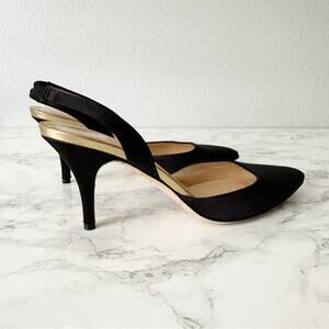 Kate Spade Black Satin Closed Toe Slingback Heels Women’s Size 7 gold metallic